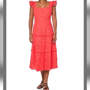NWT Anne Klein Midi Eyelet Dress Hibiscus Red Tiered Shirred Ruffle Sleeve - 14